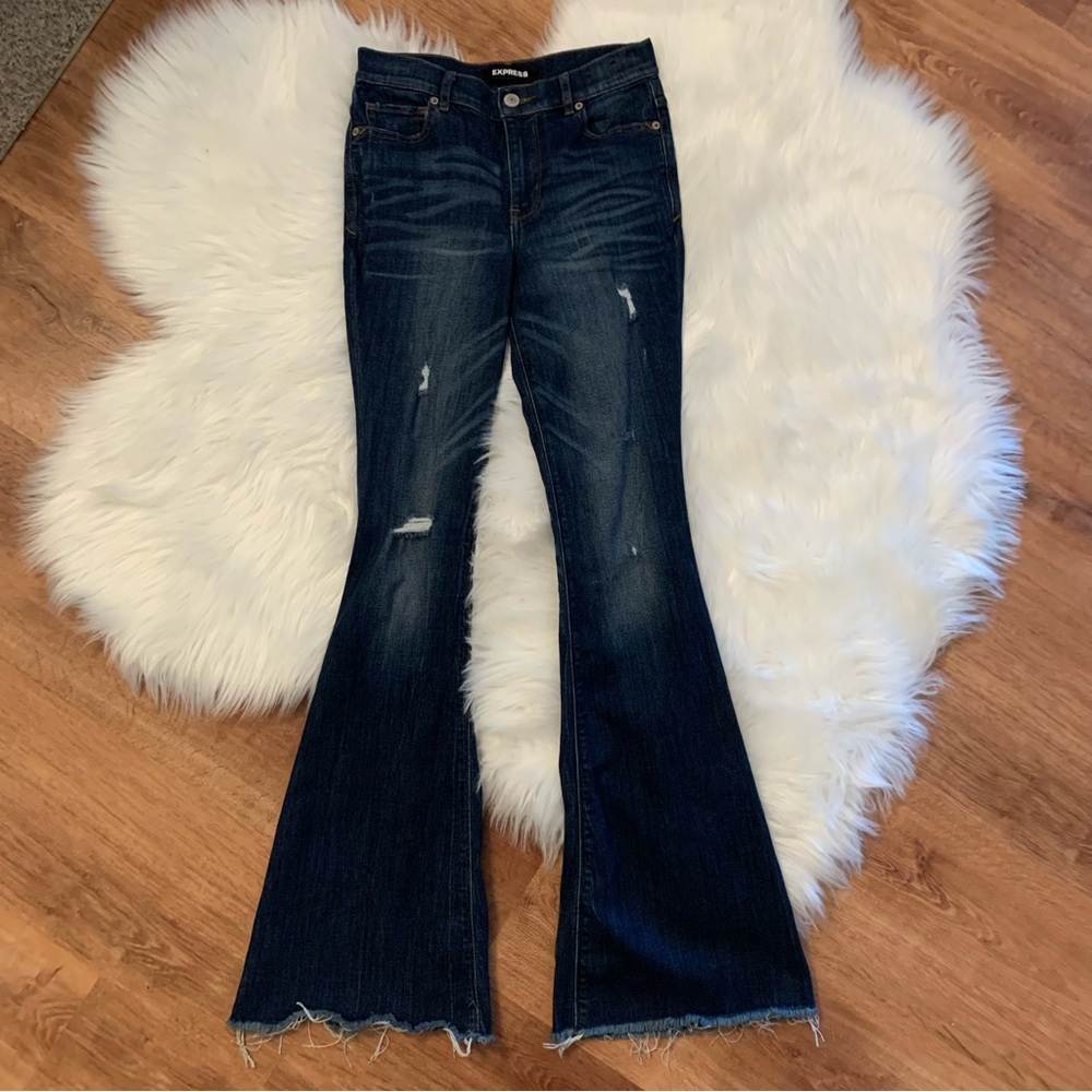 Express Women's Dark Indigo Flared Distressed Jeans
